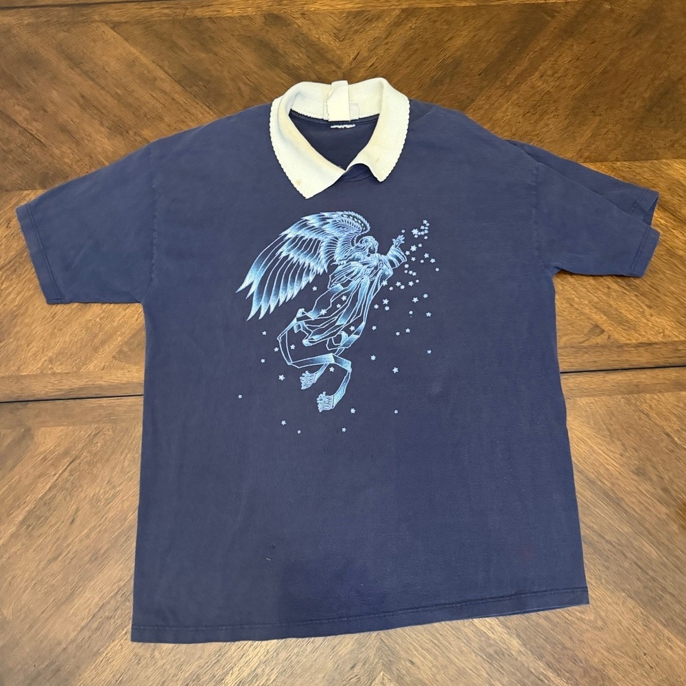Vintage Morning Sun Angel Graphic T-Shirt Navy Blue Contrast Collar Large 90s